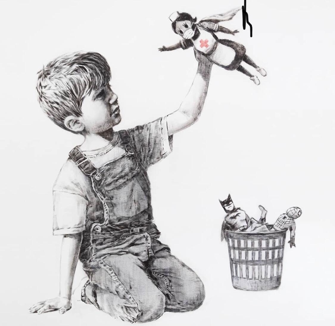 Banksy -  11.05.2020 - Streetart-KÃ¼nstler Banksy hat wieder ein Kunstwerk hinterlassen: sein persÃ¶nlicher Dank an die vielen Helden der Corona-Krise in den britischen KrankenhÃ¤usern. Das Bild wird im Herbst fÃ¼r einen guten Zweck versteigert.